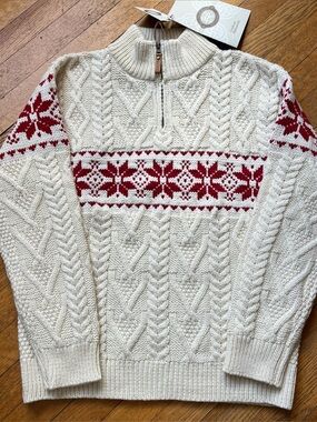 ARAN SWEATER MARKET Irish Knit 100% Wool Cream Cable Knit Half-Zip Sweater